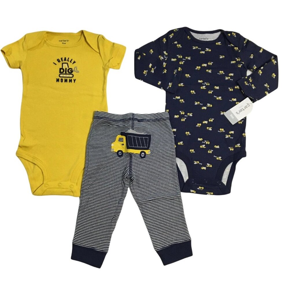 Carter's Baby Boys 3pc Truck Pants &‎ Tops Outfit Set Newborn 9-24 Months Yellow